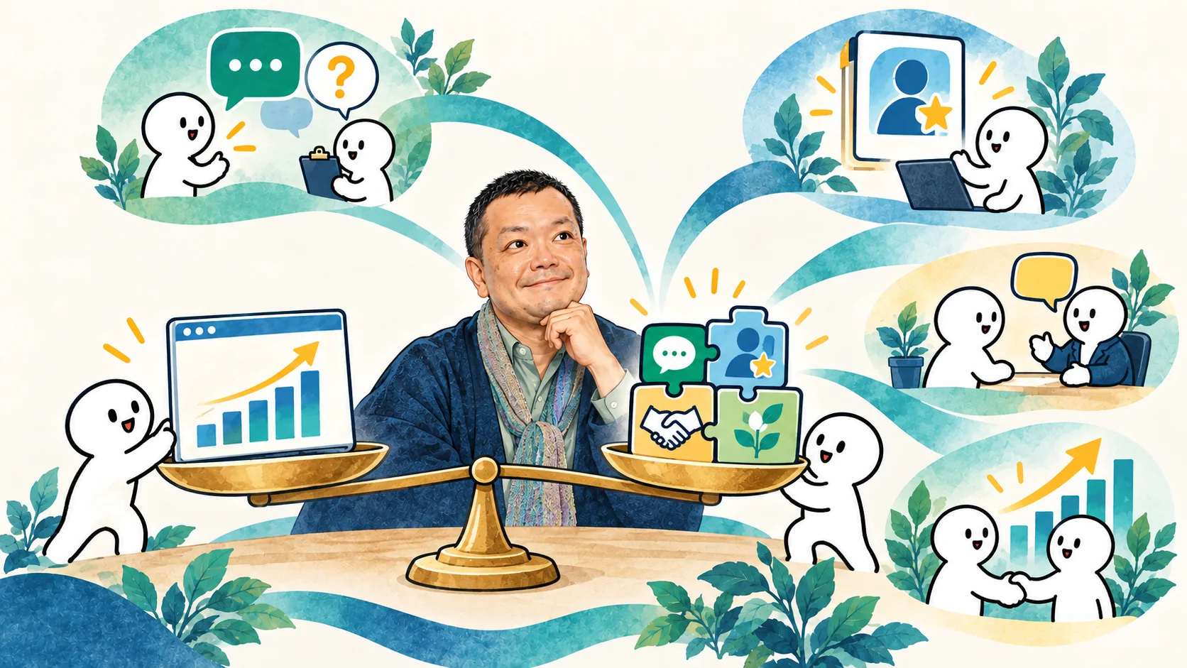 アクセス数と質問、人物認知、相談、事業成果を並べて判断する図解