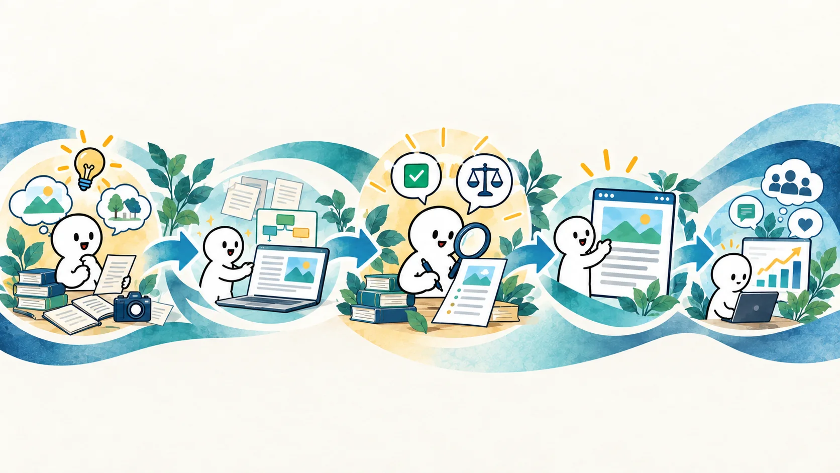 人の意図と一次情報をAIで構成し、人が検証して公開と改善へ進める図解