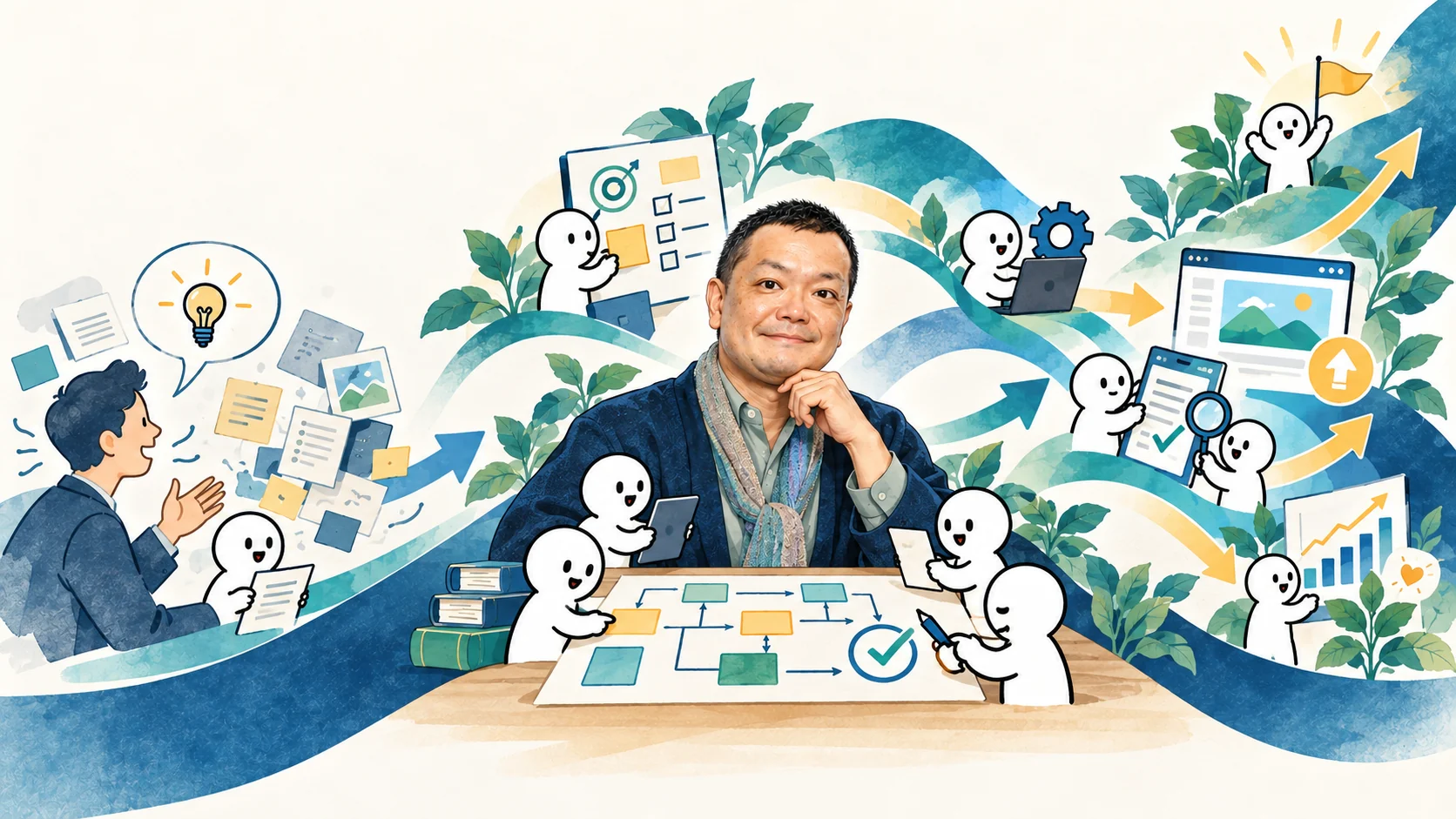 人とAIの作業をつなぎ、制作を管理するイメージ
