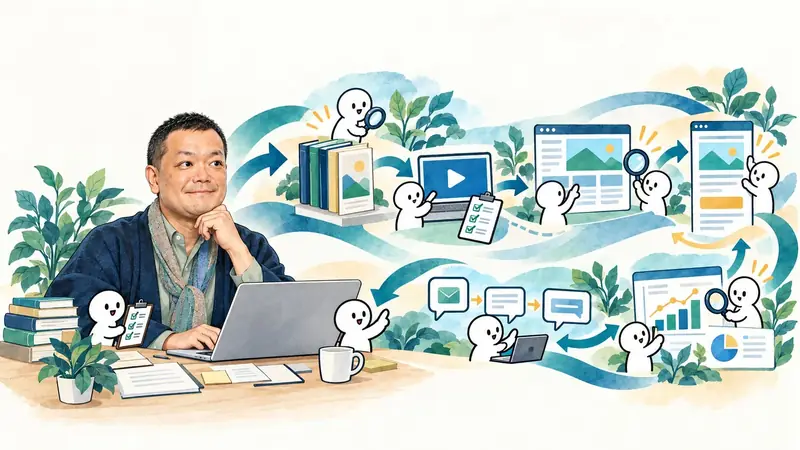 本・動画講座・ホームページ・LINEを作り、反応を見て直していく様子