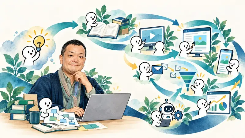 社長の話が、本・動画講座・LINE・記事に広がっていく様子
