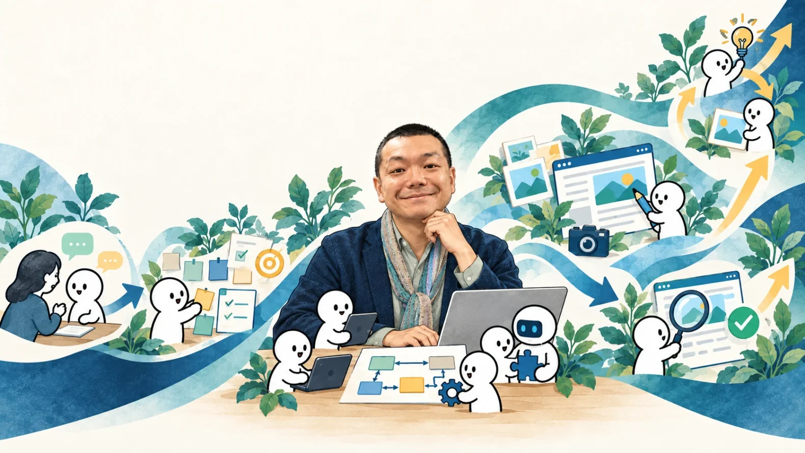 荒屋明神が対話から優先順位、役割分担、制作、公開、検証、改善まで一つの流れで支援する様子