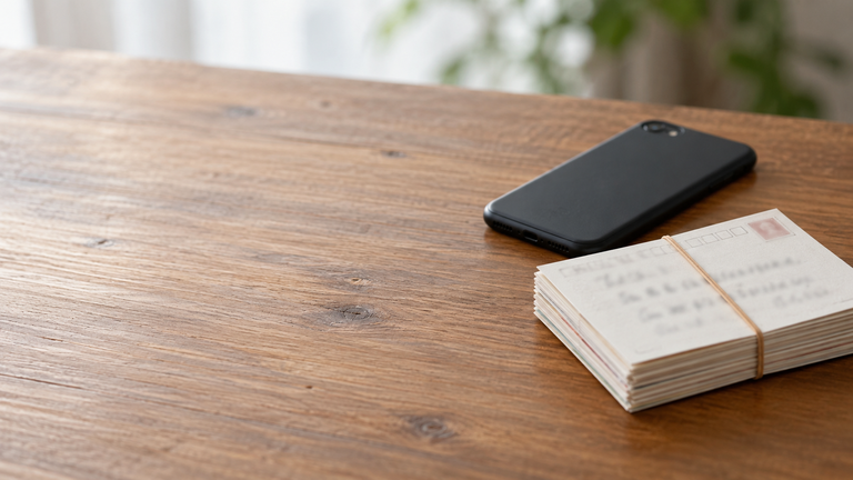 木の机の上に置かれたスマートフォンと、輪ゴムでまとめたはがきの束