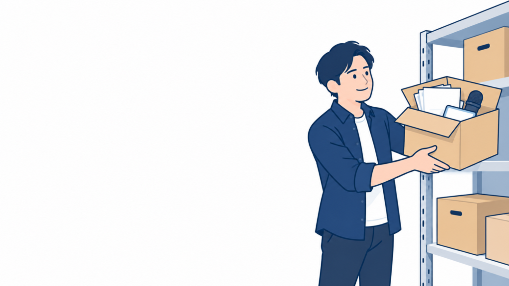 しまっていた箱を棚から取り出して手前に並べようとする人のイラスト