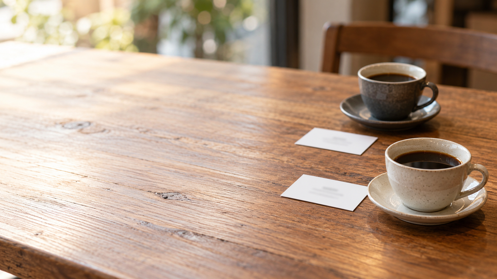 カフェの木のテーブルに置かれたコーヒーカップ2つと名刺2枚